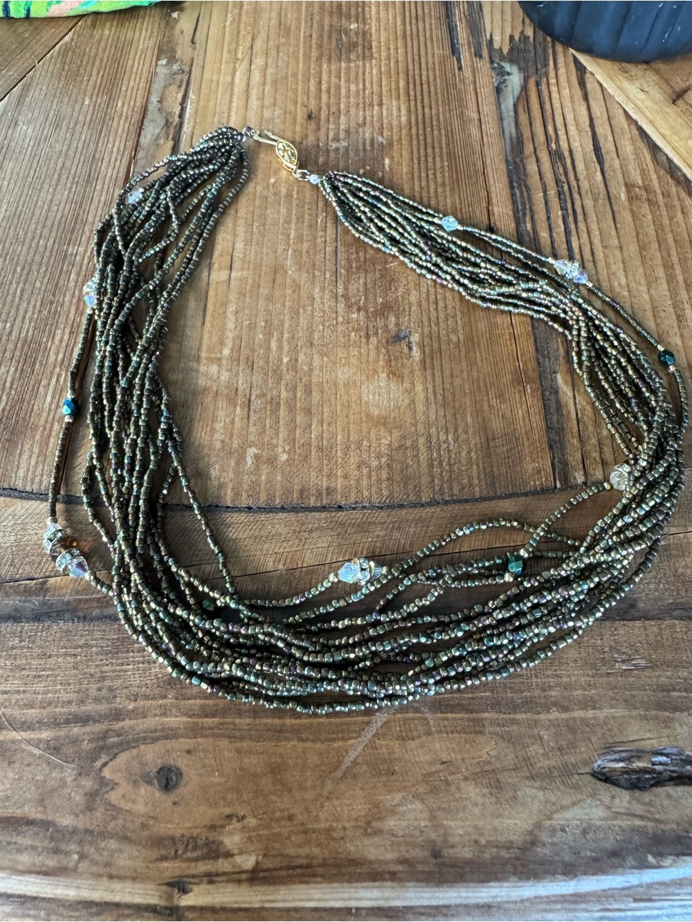 Multistrand Olive Green Seed Bead Necklace with Faceted Accent Beads